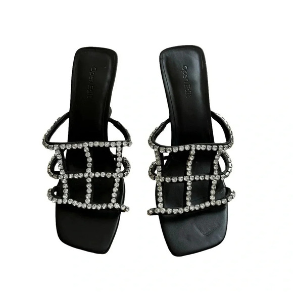 Open Edit Daphne Black Sandals Heel Crystal Embellishments Square Toe size 9 New - Picture 1 of 10